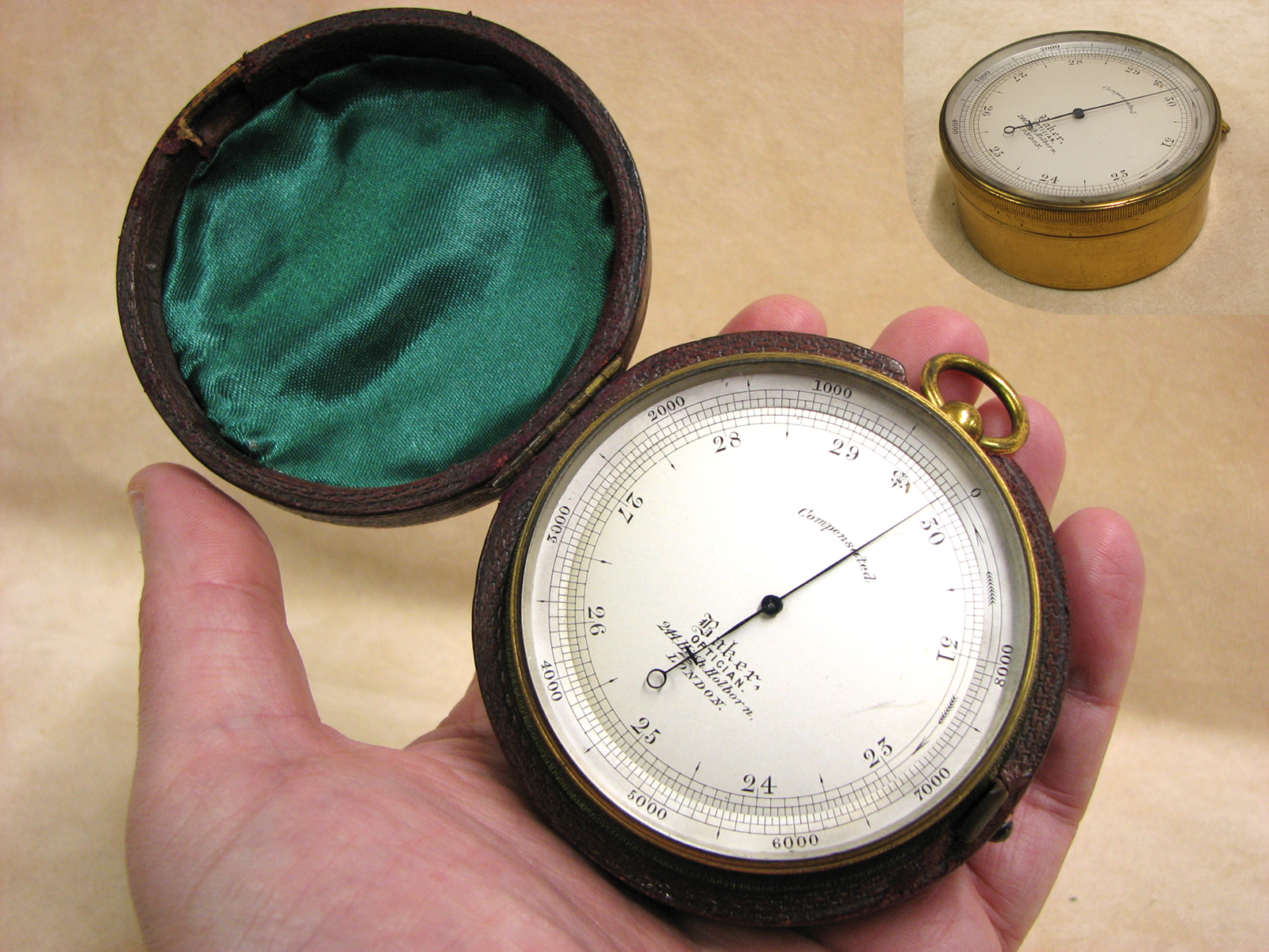 19th Century pocket barometer signed 'Baker, OPTICIAN. 244 High Holborn, London'